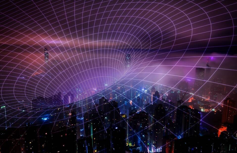city skyline at night with a purple glow