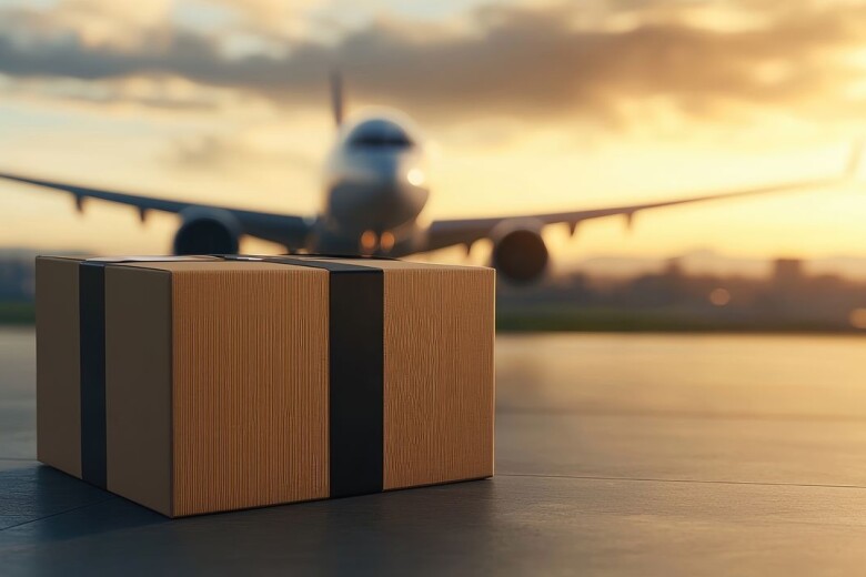 package in front of an airplane