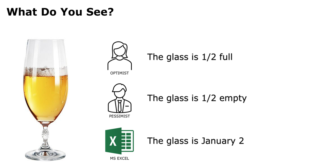 A meme shows a half-filled glass. Optimist: 'The glass is 1/2 full.' Pessimist: 'The glass is 1/2 empty.' MS Excel: 'The glass is January 2