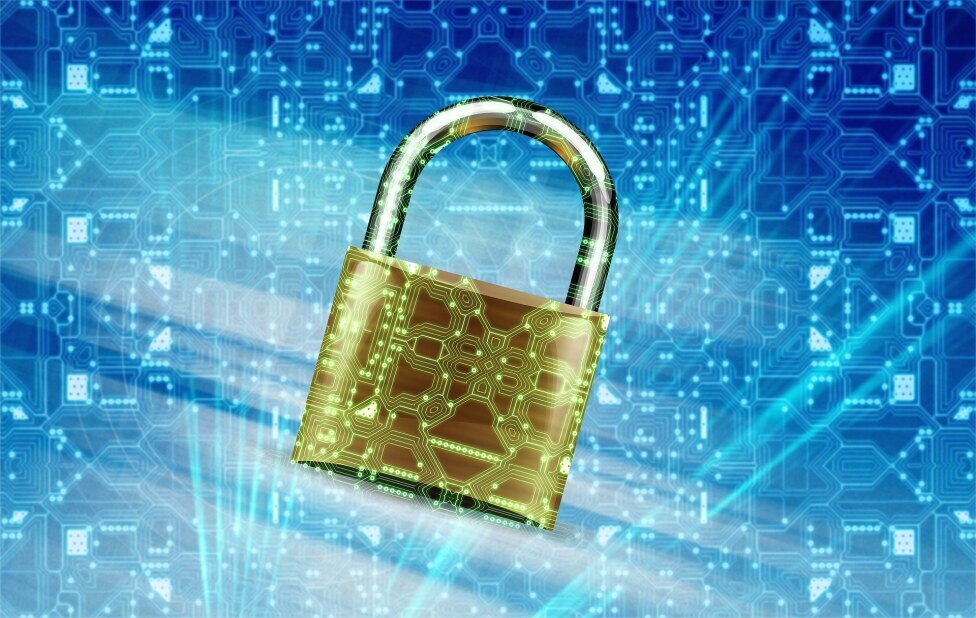 gold padlock on a blue background layered with a geometric pattern indicating technology