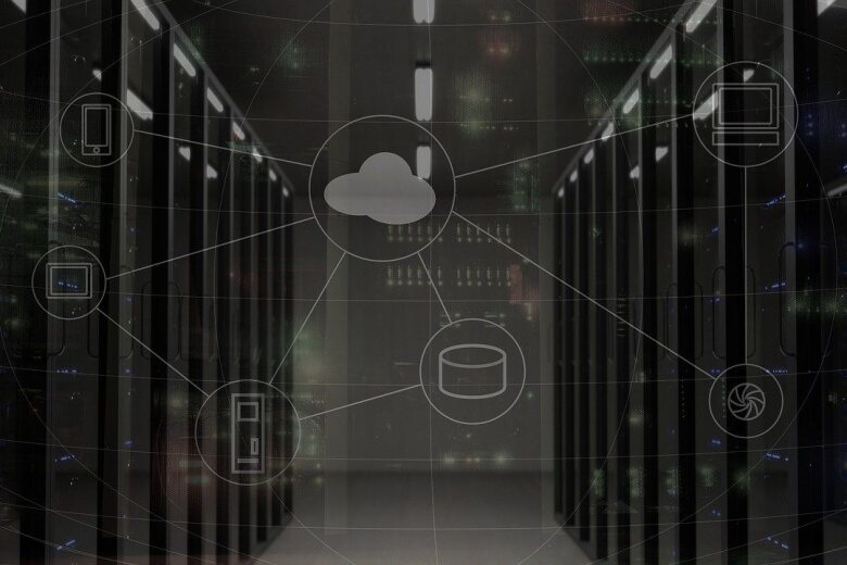 server room background under transparent cloud network graphic