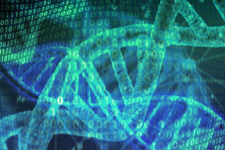 green glowing DNA over a background of binary numbers