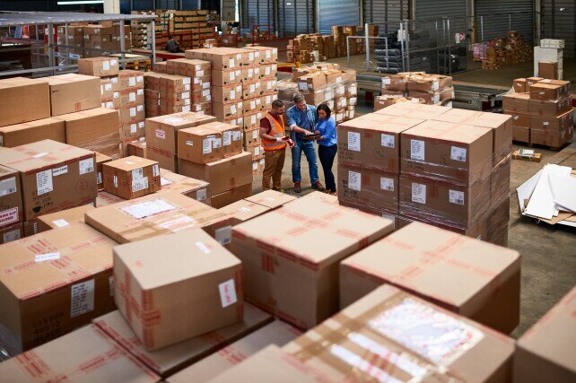 Three people standing in large wholesale distribution warehouse