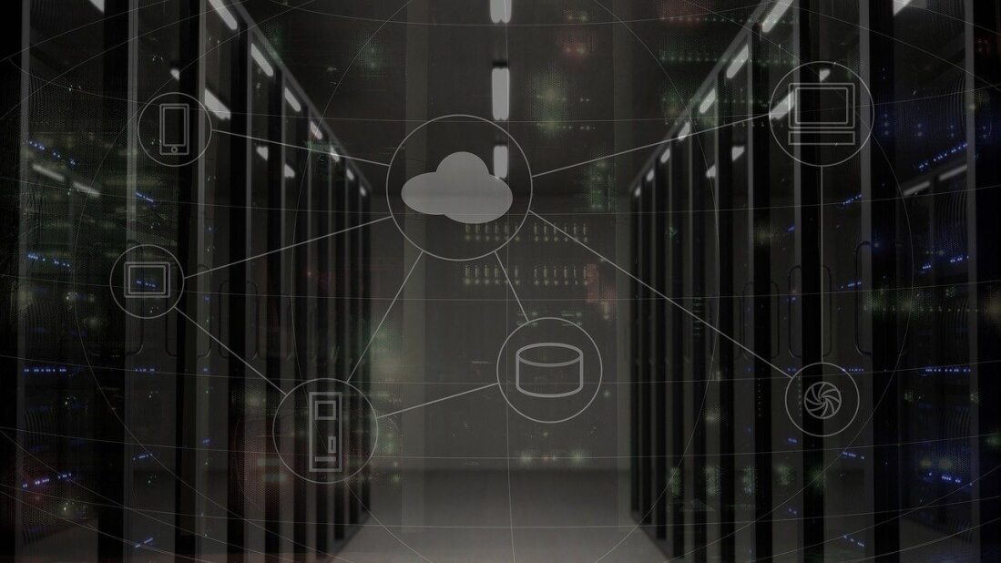 server room under a transparent layer of icons representing a cloud network