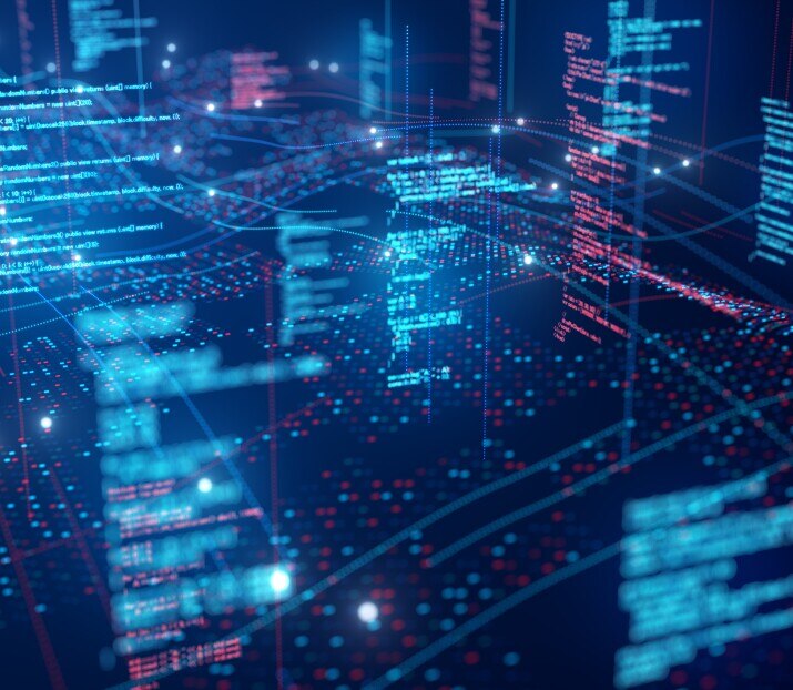 Abstract technology image of running program code on digital data wave.