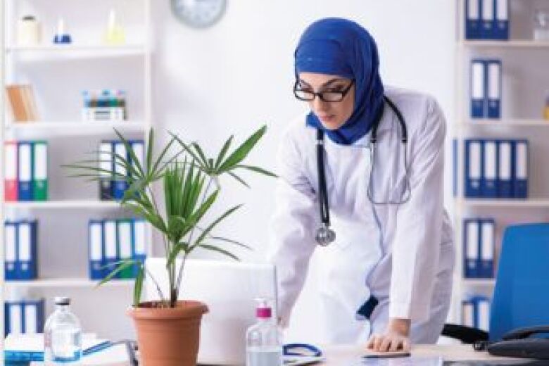 female doctor wearing blue hajib and looking at computer