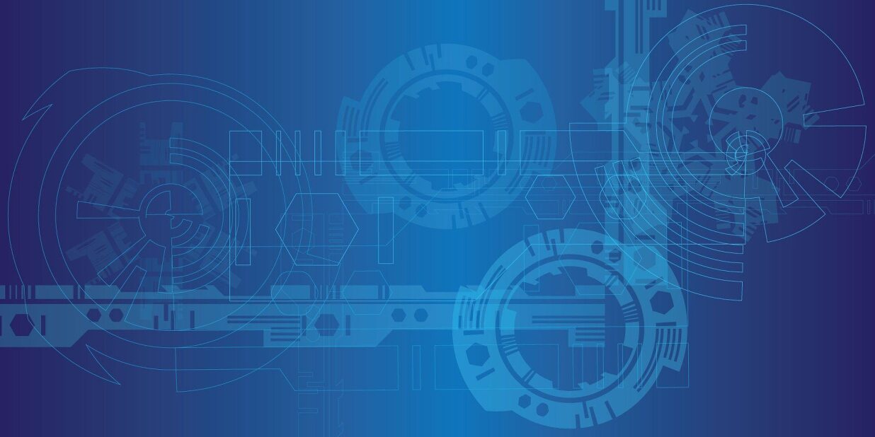 a graphic illustration reminiscent of a blueprint, combining modern technology and architecture