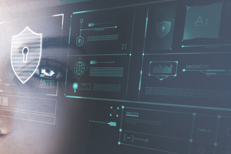 woman's reflection in a screen displaying artificial intelligence data