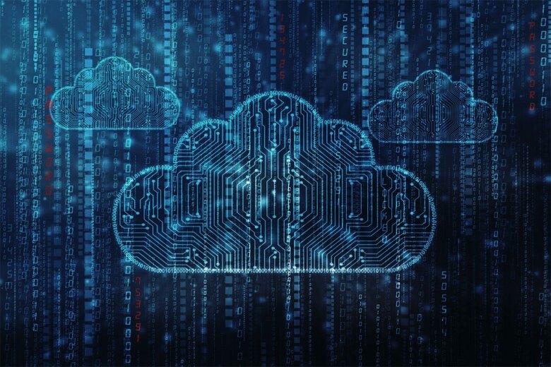 circuit graphic over glowing white clouds on a dark blue background
