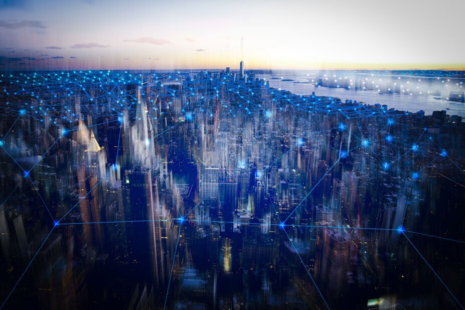 connected data points over an urban skyline