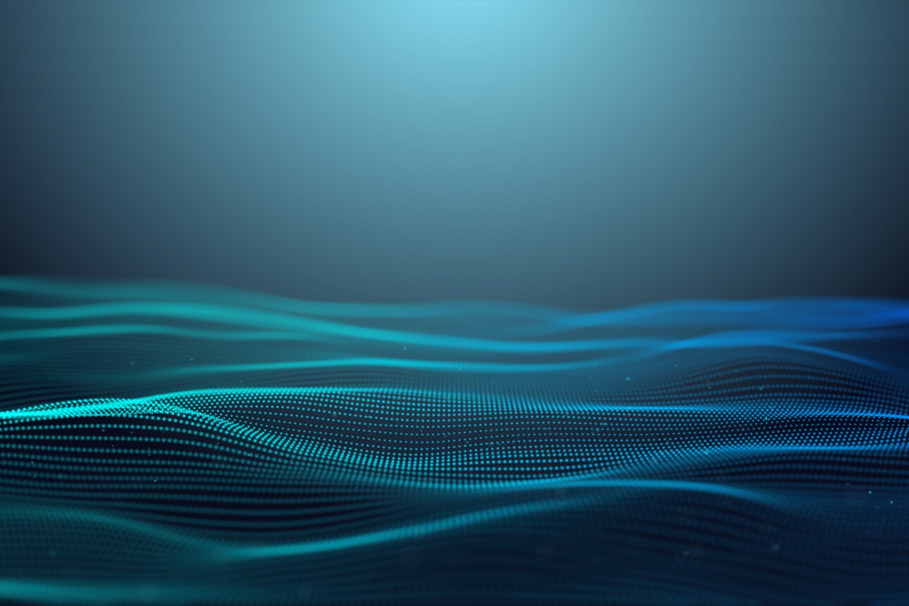 Glowing light blue wire mesh network and speed data on huge digital space.