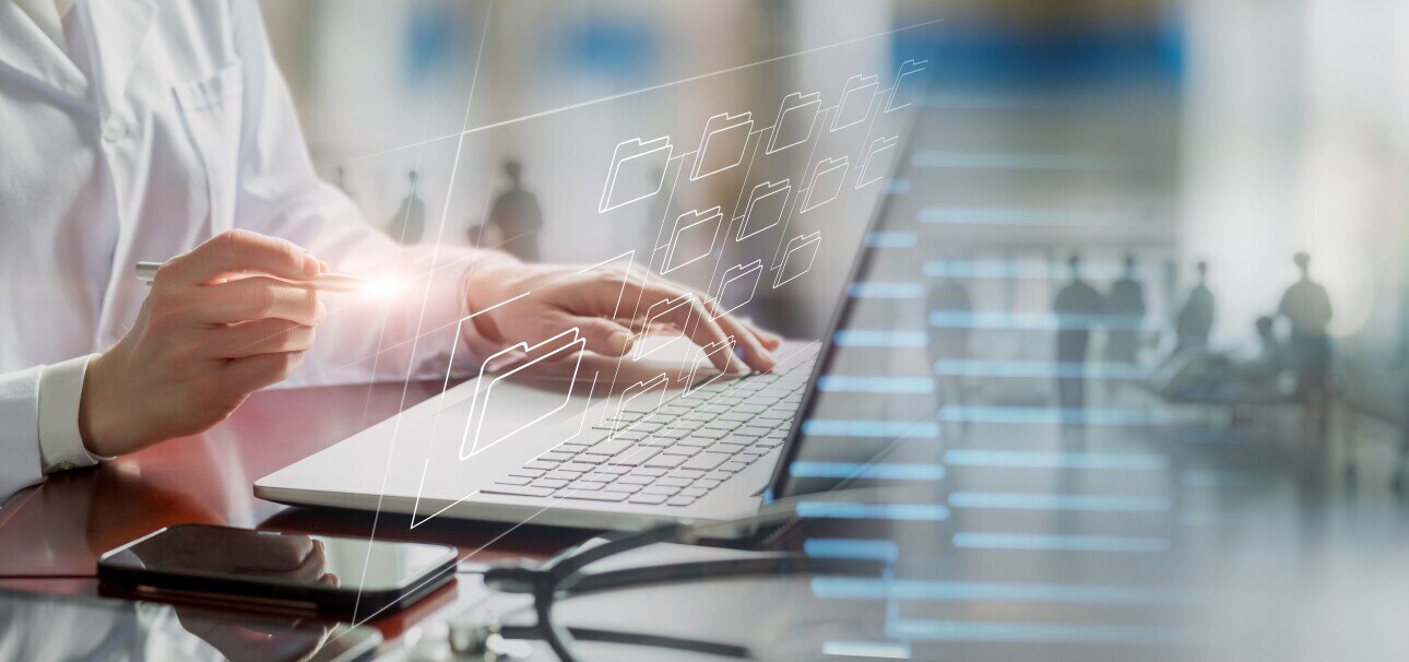 Doctor works with electronic documents .