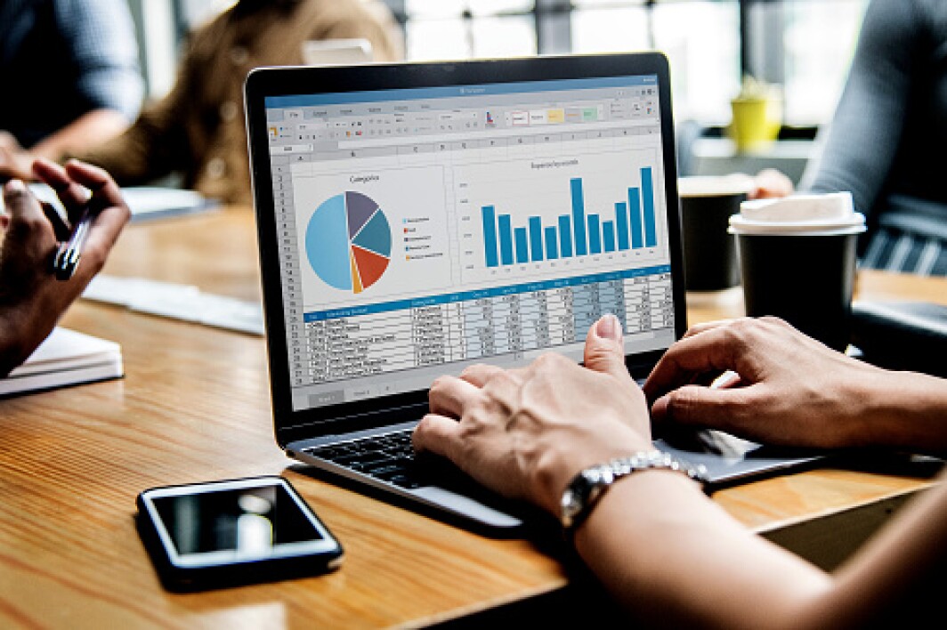 Asset management data analyst looking at report on laptop